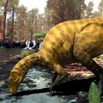 GRAF5849. PORTELL (CASTELLÓN), 07/07/2021.- Recreación del nuevo dinosaurio, parecido a un "iguanodon" (iguana gigante), a partir de los restos fósiles que se han encontrado en uno de los yacimientos de Portell, en Castellón. Vivió en la península Ibérica "poco después" del Jurásico, hace unos 130 millones de años, y los restos fósiles de un dinosaurio encontrados en este yacimiento han revelado que se trata de una especie hasta ahora desconocida. EFE/PLOS ONE/Andrés Santos-Cubedo ***SÓLO USO EDITORIAL, PERMITIDO SU USO SÓLO EN RELACIÓN A LA INFORMACIÓN QUE APARECE EN EL PIE DE FOTO, CRÉDITO OBLIGATORIO***