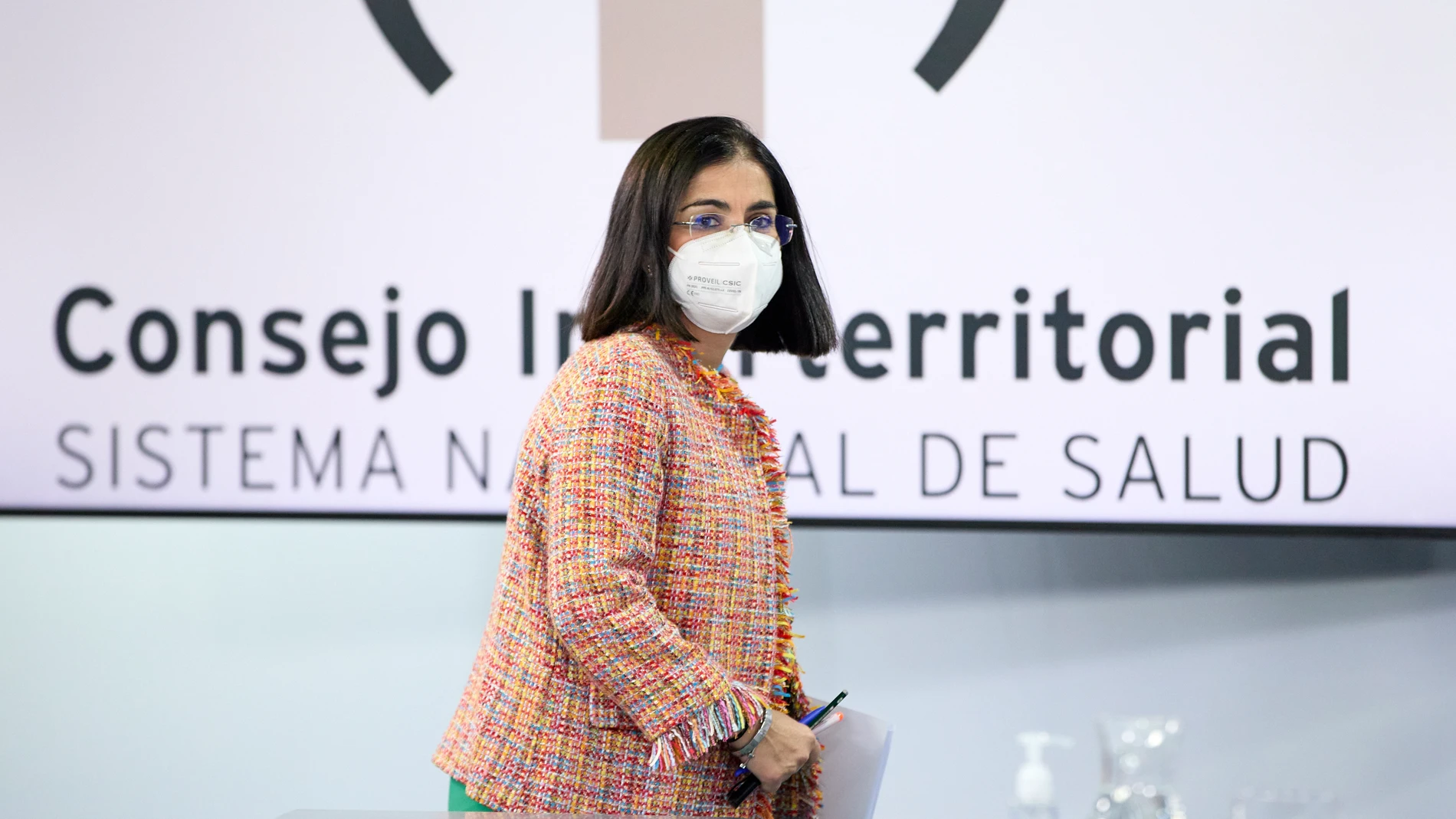 La ministra de Sanidad, Carolina Darias, a su llegada a una rueda de prensa posterior al Consejo Interterritorial de Salud.