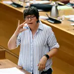 La portavoz de Unides Podem, Pilar Lima, interviene en una sesión de control en Les Corts