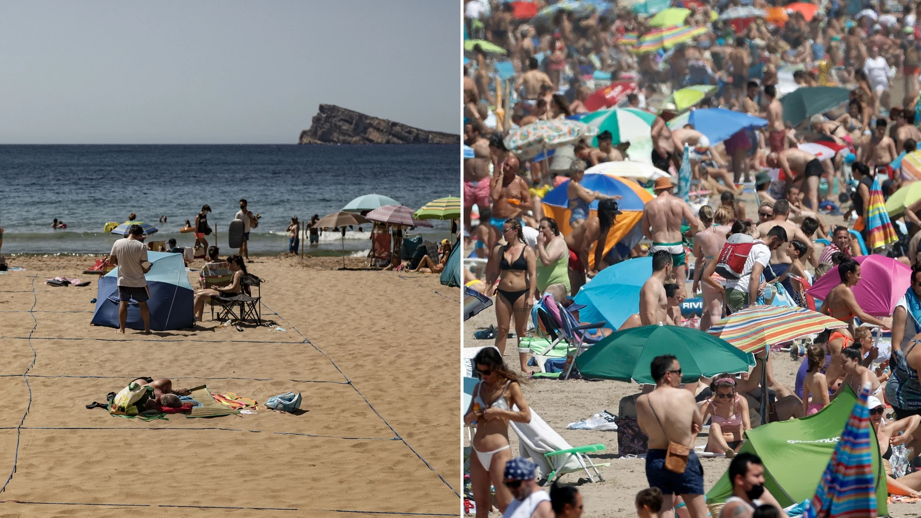 Las imágenes muestran una playa de Benidorm en julio de 2020 y en julio de este año