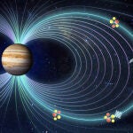 Los iones procedentes de Io surfean el campo magnético de Júpiter y provocan las auroras al chocar contra la atmósfera.