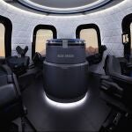 This undated photo made available by Blue Origin shows the interior of the crew capsule. When Blue Origin launches people into space for the first time, Bezos will be on board. No test pilots or flight engineers for the Tuesday, July 20, 2021 debut flight from West Texas - just Bezos, his brother, an 82-year-old aviation pioneer and a teenager. (Michael Craft/Blue Origin via AP)