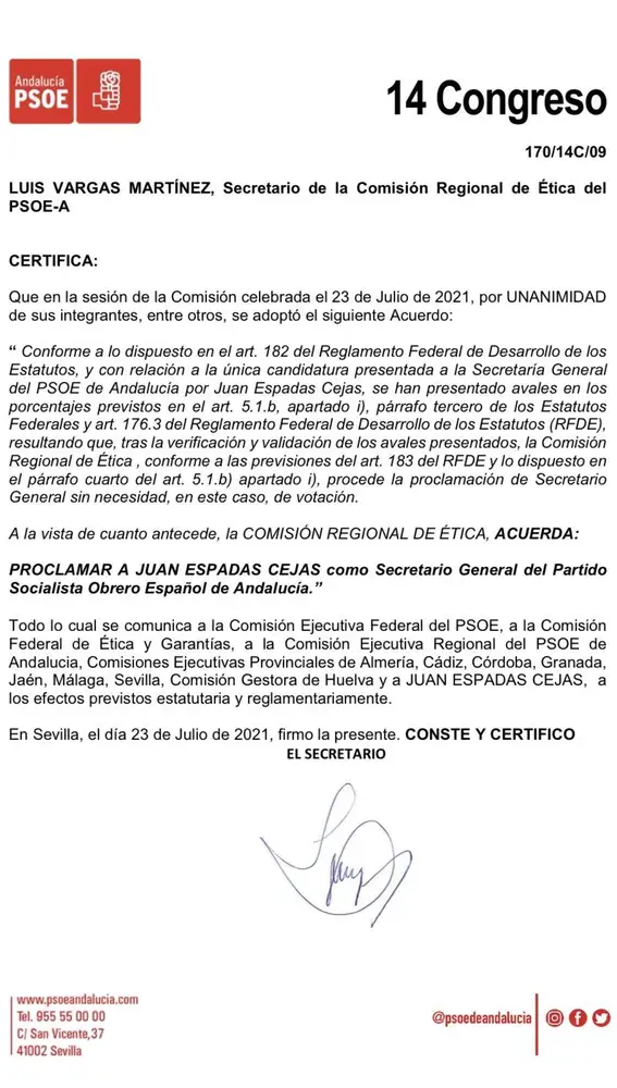 Certificación oficial de que Juan Espadas es el nuevo secretario general del PSOE andaluz