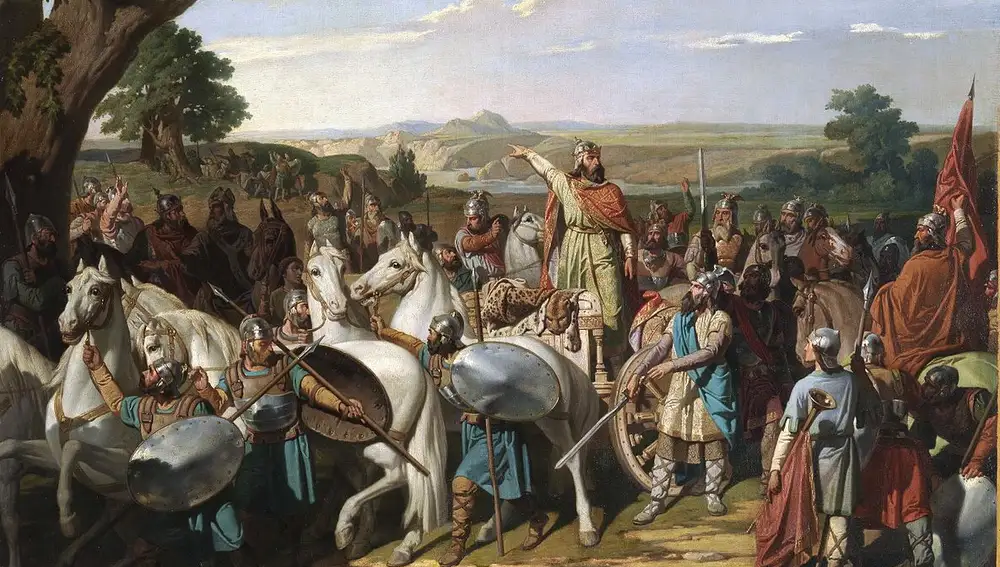 El rey Don Rodrigo arengando a sus tropas en la batalla de Guadalete. Cuadro de Bernardo Blanco y Pérez (1871).