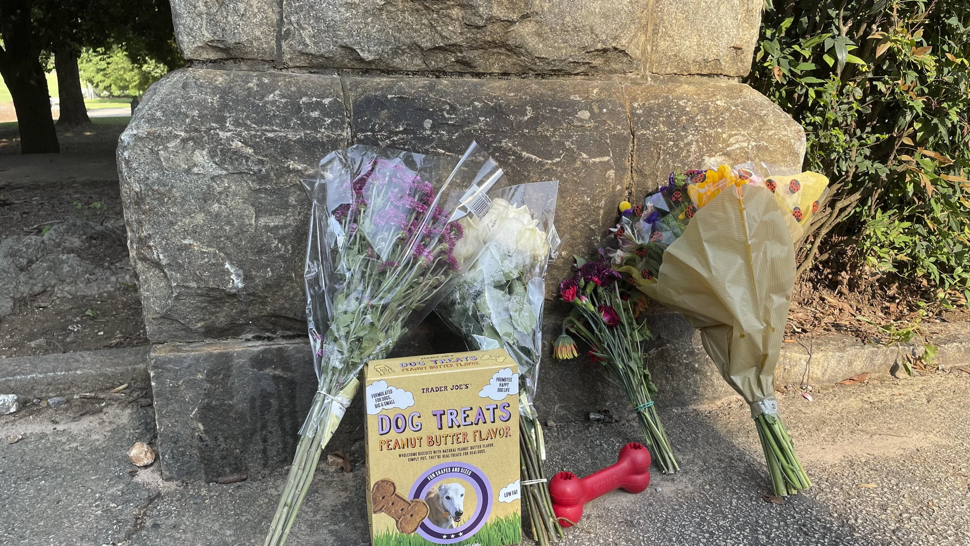 Golosinas para perros y flores cerca del lugar donde fue asesinada Katherine Janness, de 40 años