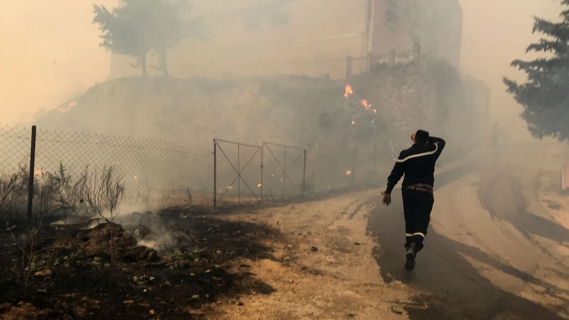 Un trabajador de protección civil trabaja en la extinción de un fuego en la provincia de Tizi Ouzou, al este de Argel