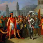 Tapiz idelizado e ilustrativo del encuentro entre Hernán Cortés y Moctezuma