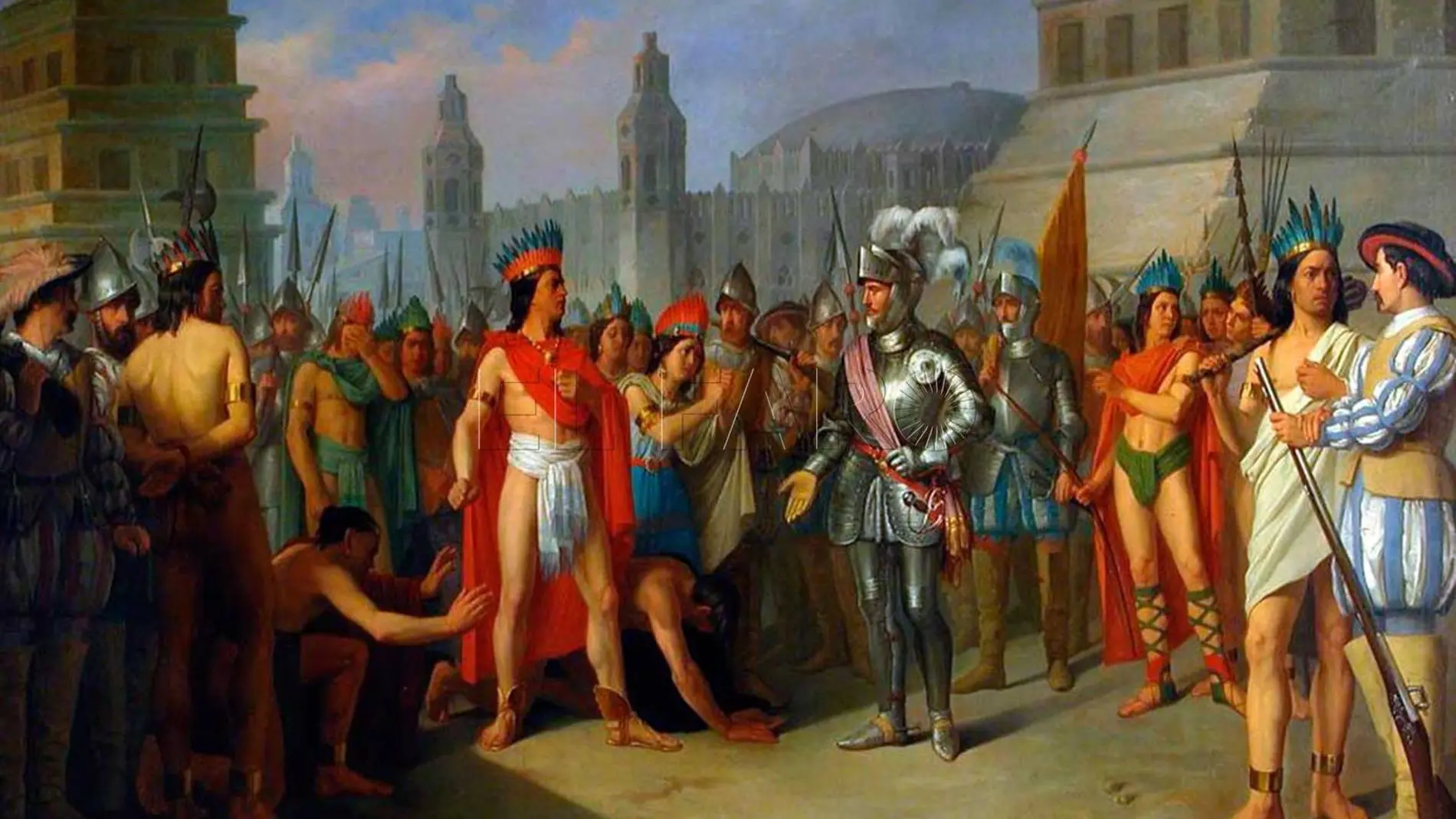 Tapiz idelizado e ilustrativo del encuentro entre Hernán Cortés y Moctezuma