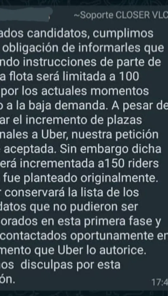 Mensaje de reducción de la flota de Uber Eats en Valencia
