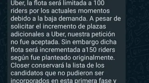 Mensaje de reducción de la flota de Uber Eats en Valencia