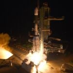 This photograph released by the Indian Space Research Organization (ISRO) shows Geosynchronous Satellite Launch Vehicle (GSLV-F10) carrying EOS-03, an Earth Observation satellite, taking off from Satish Dhawan Space Center in Sriharikota, India, Thursday, Aug. 12, 2021. An Indian rocket failed in its attempt Thursday to put a satellite into orbit to provide real-time images used to monitor cyclones and other potential natural disasters. (Indian Space Research Organization via AP)