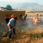 Vecinos de la localidad abulense de Robledillo y de pueblos cercanos colaboran este domingo en las labores de extinción del incendio declarado ayer en los municipios abulenses de Navalacruz y Cepeda de la Mora y La Parra. EFE/Raúl Sanchidrián