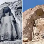 A la izquierda, una de las grandes estatuas de Buda que se erigieron durante siglos en Afganistán, hasta que fueron destruidas por los talibanes en 2001, como se aprecia en la imagen de la derecha