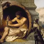 Diógenes de Sinope, llamado “el perro”, que vivía en una tinaja y buscaba a un verdadero hombre con una linterna