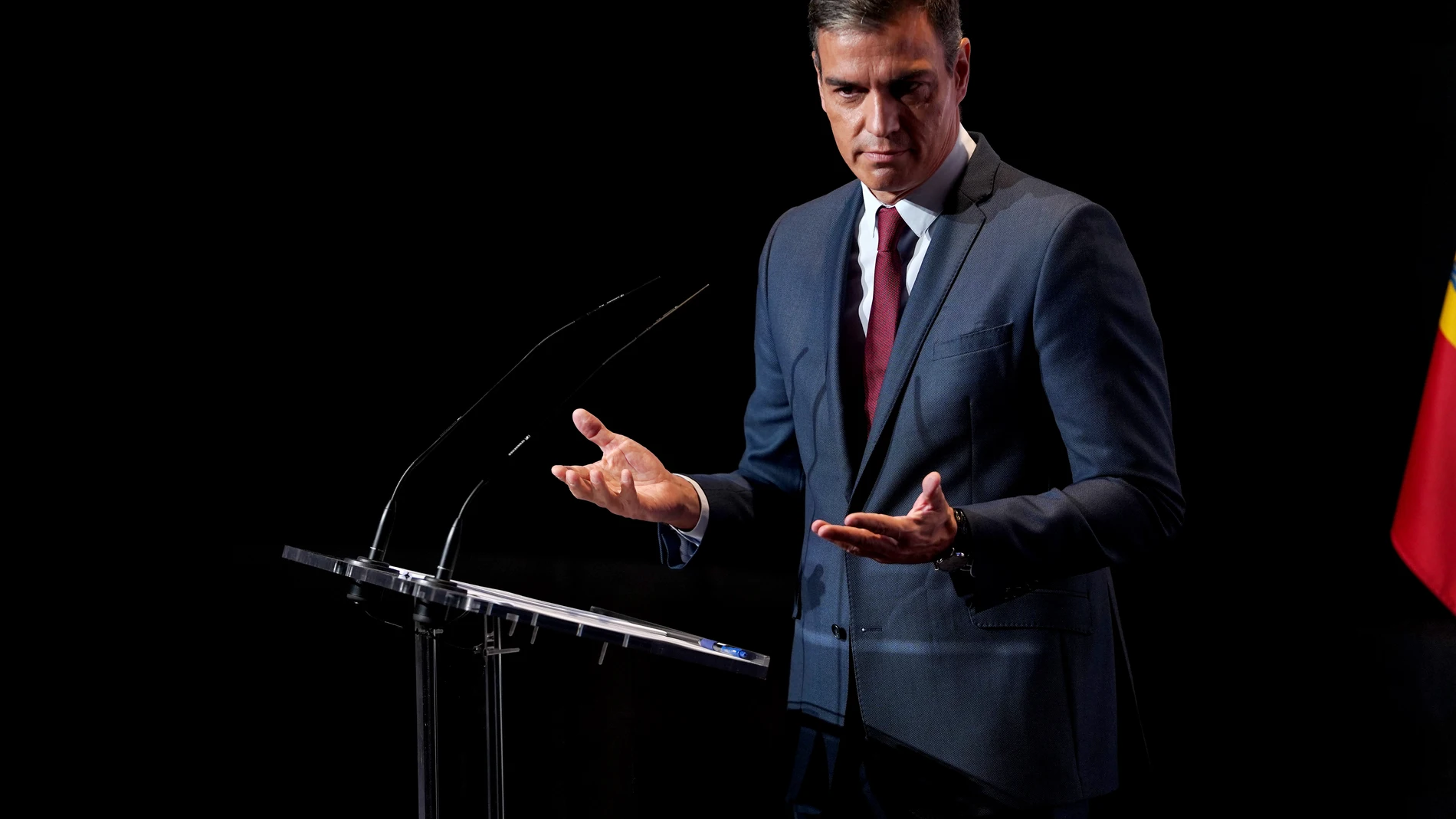 El presidente del Gobierno, Pedro Sánchez, durante su conferencia en Casa de América para dar inicio oficialmente al nuevo curso político, y presentar sus planes para los próximos meses.
