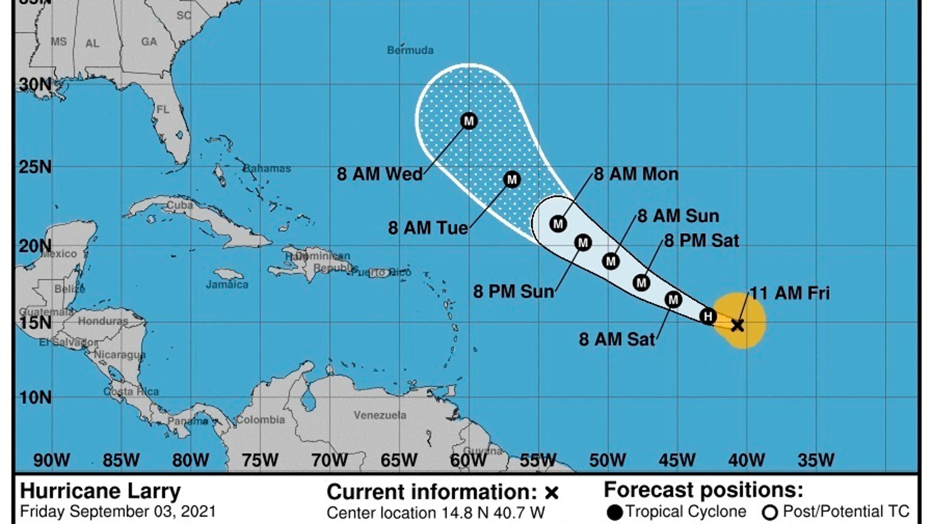 Imagen cedida por la Oficina Nacional de Administración Oceánica y Atmosférica (NOAA) a través del Centro Nacional de Huracanes (NHC) donde se muestra el pronóstico de cinco días de la trayectoria del huracán Larry en el Atlántico