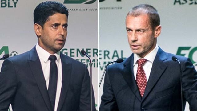 Nasser Al-Khelaïfi, presidente del PSG, y Aleksander Ceferin, presidente de la UEFA.
