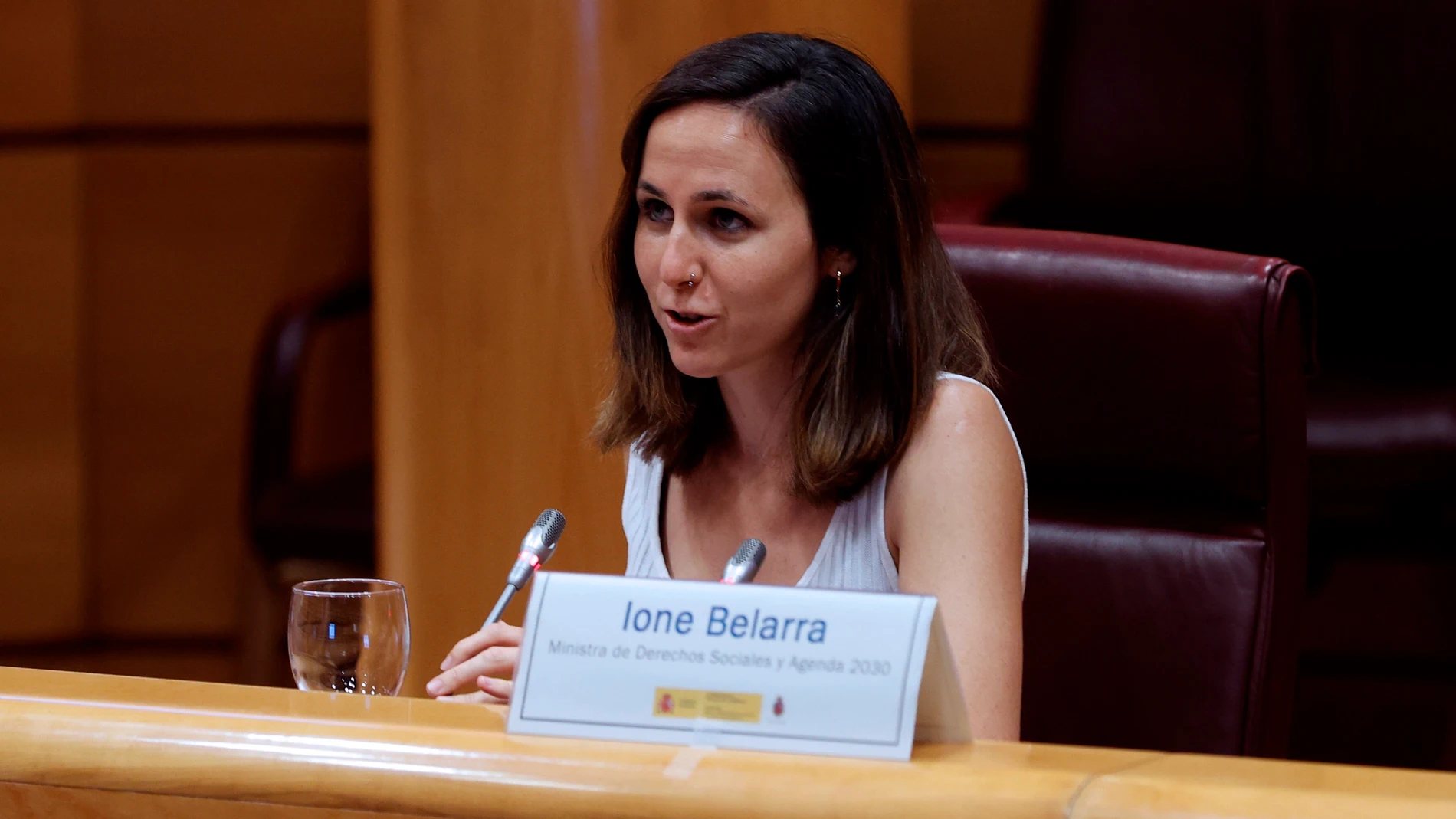 La ministra de Derechos Sociales y Agenda 2030, Ione Belarra, hoy, durante su intervención en la clausura de la jornada "Las ciudades españolas ante el reto de la neutralidad climática. Presentación de CITIES 2030", que tiene lugar este miércoles en el Senado.