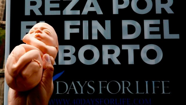 Una persona levanta un muñeco de plástico en forma de bebé durante una protesta de ciudadanos que rechazan el aborto frente al Supremo de Ciudad de México