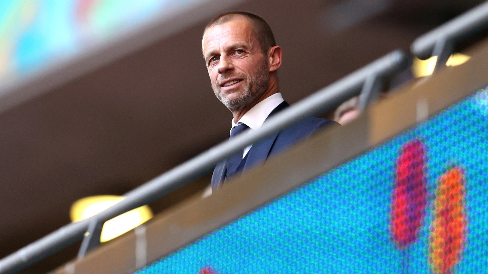 FILE PHOTO: Soccer Football - Euro 2020 - Semi Final - England v Denmark - Wembley Stadium, London, Britain - July 7, 2021 UEFA President Aleksander Ceferin in the stands before the match Pool via REUTERS/Catherine Ivill/File Photo