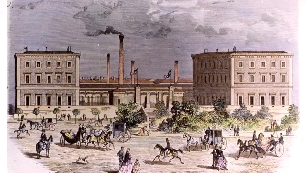 Grabado de la original fábrica de moneda en el Madrid de 1865