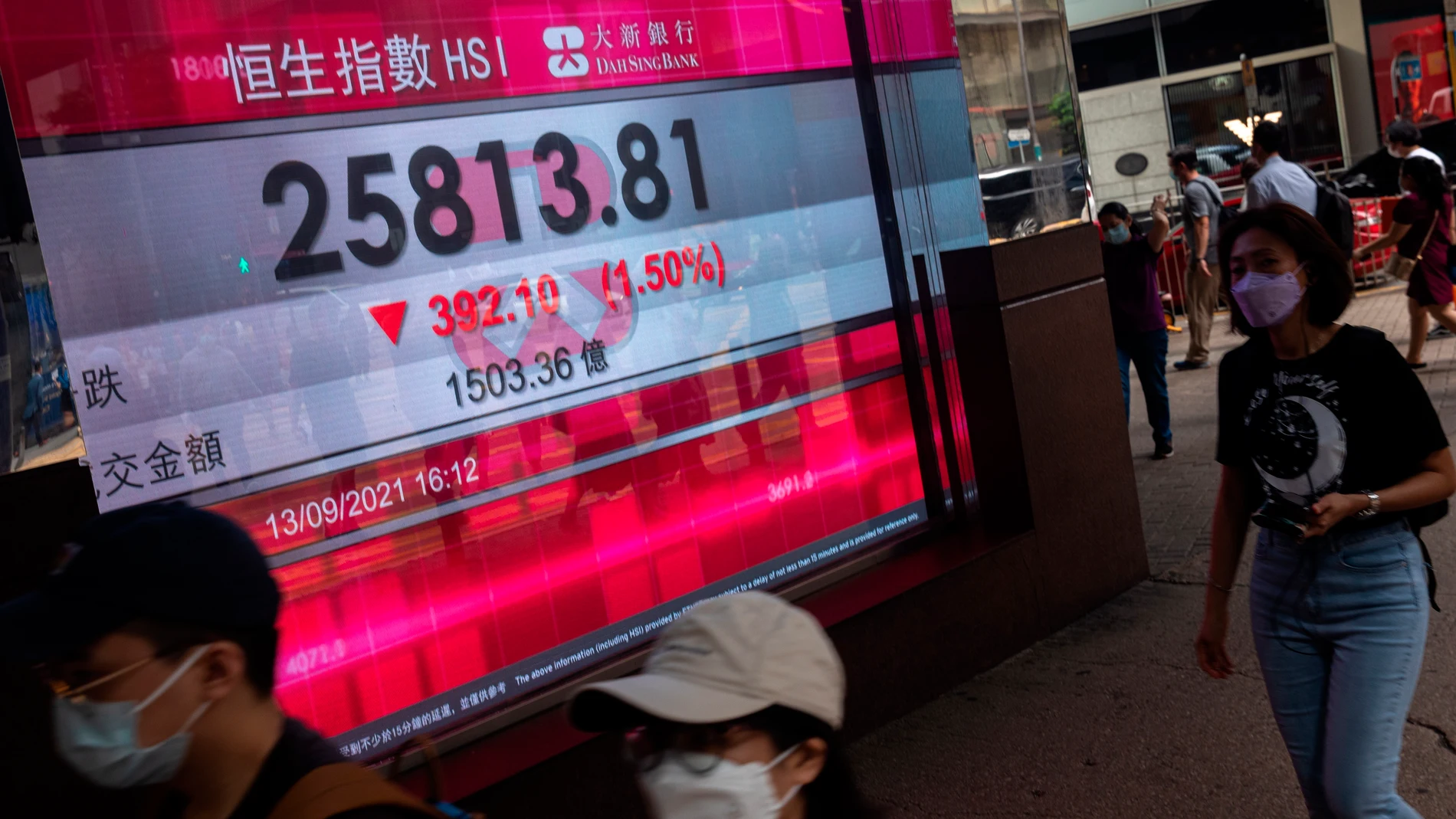 Hong Kong (China), 13/09/2021.- Pedestrians walk past an electronic billboard displaying information on the Hang Seng Index (HSI) in Hong Kong, China, 13 September 2021. The HSI fell 1.5 percent, or 392 points, to 25,813. EFE/EPA/JEROME FAVRE