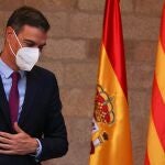Spanish Prime Minister Pedro Sanchez leaves after attending a news conference at Palau de la Generalitat in Barcelona, Spain, September 15, 2021. REUTERS/Nacho Doce