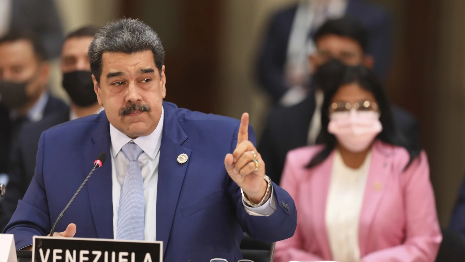 In this handout photo provided by the Miraflores Press Office, Venezuela's President Nicolas Maduro speaks at theÂ Community of Latin American and Caribbean States, or CELAC summit, in Mexico City, Saturday, Sept. 18, 2021. (Miraflores Press Office via AP)