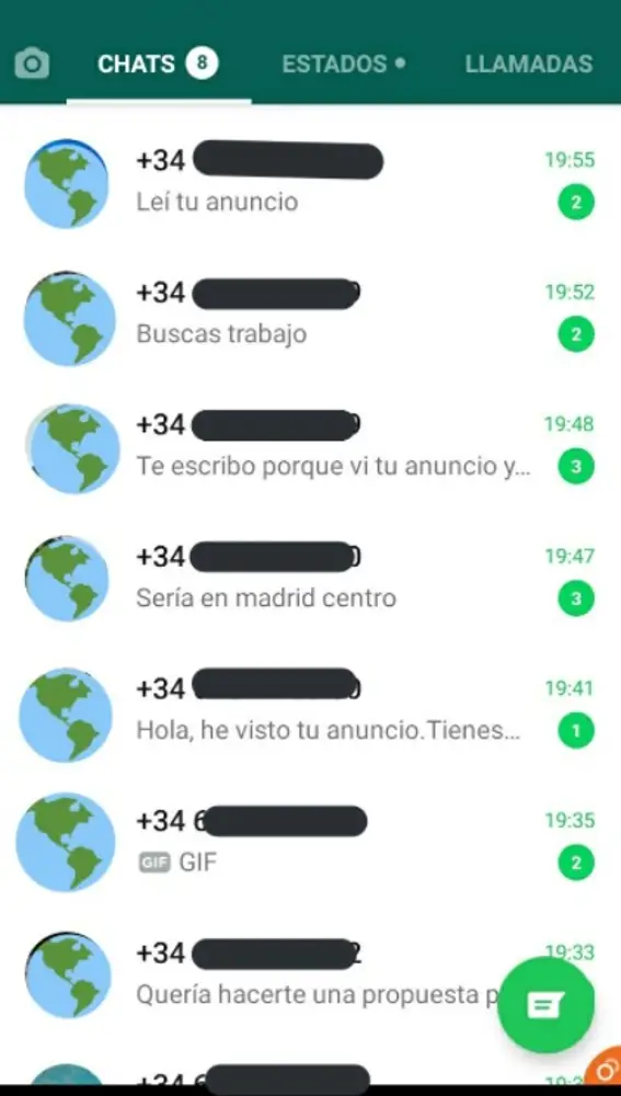 En pocos minutos, el WhatsApp de la presunta demandante de empleo se llena de mensajes con proposiciones sexuales