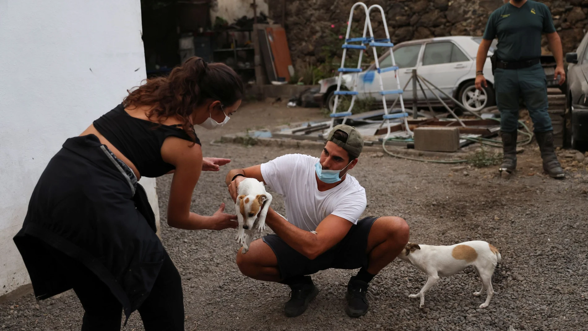 Una pareja se hace cargo de sus perros ante la evacuación en Llanos