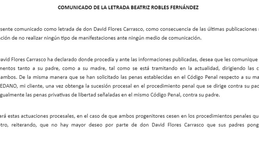 Comunicado de la abogada de David Flores Carrasco