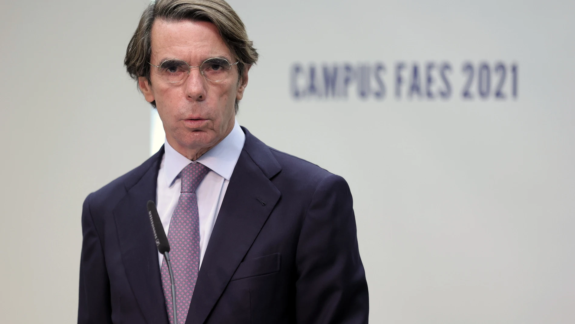 El expresidente del Gobierno y presidente del IADG, José María Aznar, interviene en la clausura del Campus FAES 2021 en el auditorio de la Fundación Abertis, a 24 de septiembre de 2021, en Madrid, (España)