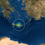 Mapa con la isla de Creta marcada por el terremoto de 6,5 grados