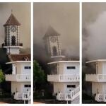 Imagen del momento en el que la lava derrumba el campanario de la iglesia