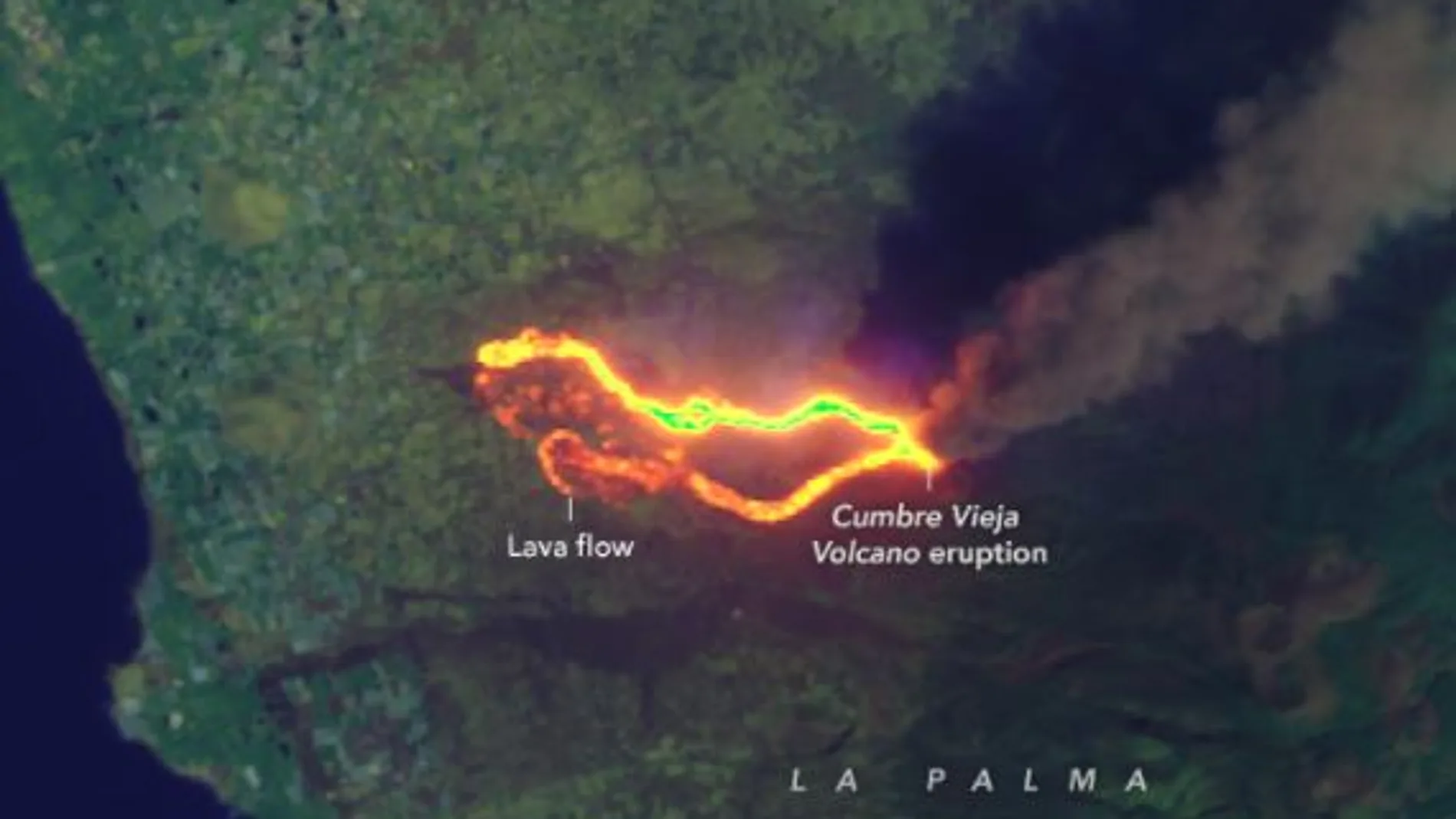 La lava, vista desde el espacio sobre la superficie de La Palma