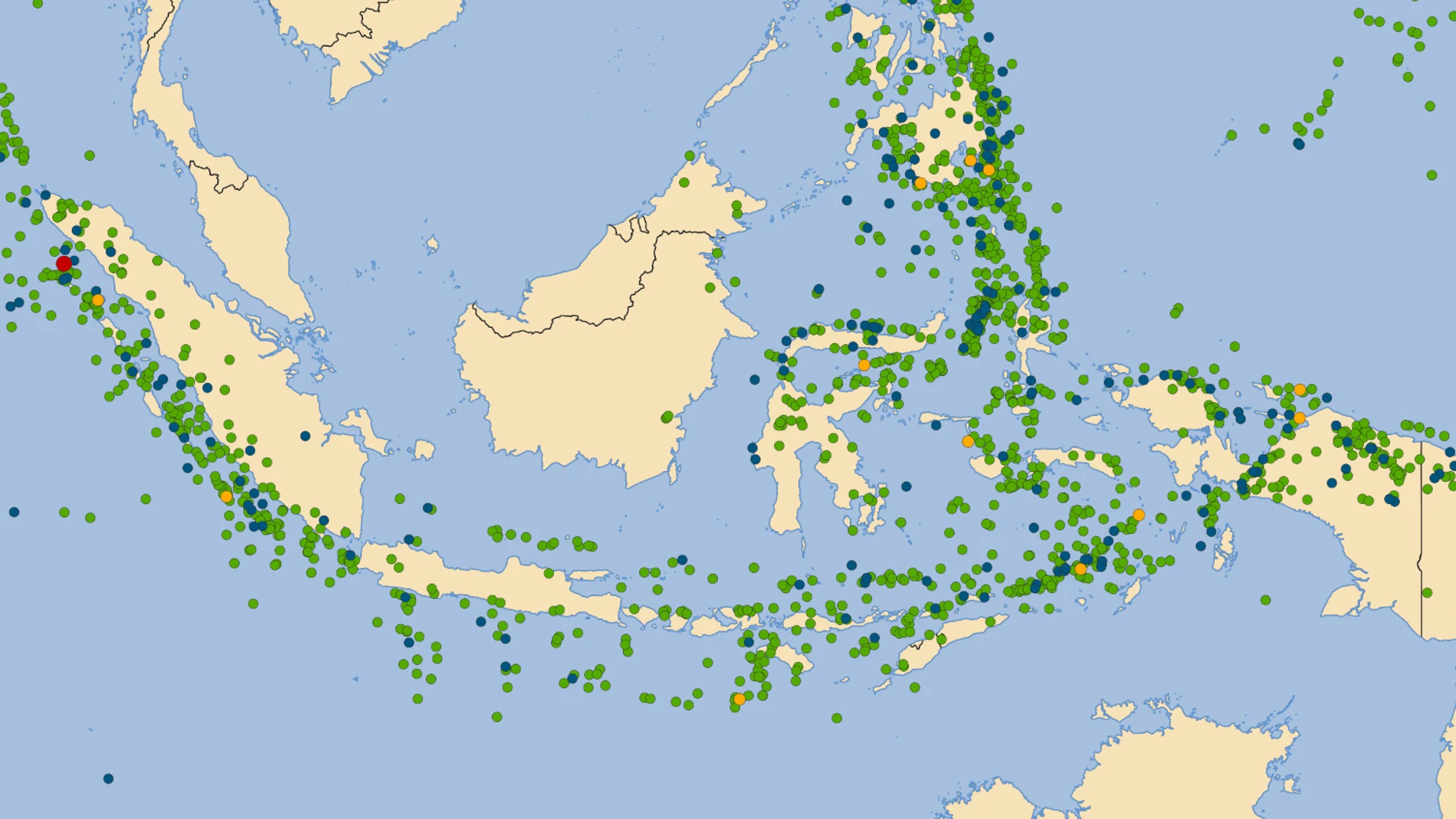 Este mapa muestra los terremotos registrados en la zona de Indonesia entre 1902 y 2019. En verde aparecen los de magnitud 6, en azul los de magnitud 7, en naranja los de magnitud 8 y en rojo los de magnitud 9. La escala original de Richter no habría podido medir correctamente los azules, naranjas y rojos, y habría dado para todos ellos una magnitud similar.