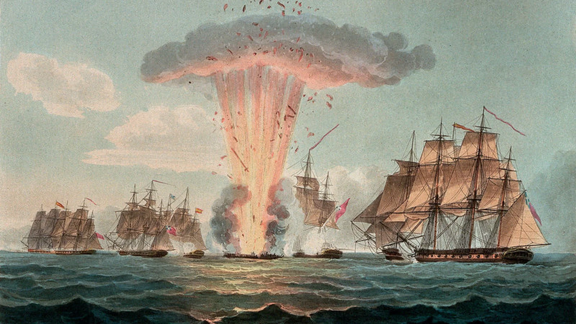 Ilustración de 1804 que refleja el momento en que es alcanzada la santabárbara y se produce la explosión de la fragata Nuestra Señora de las Mercedes.