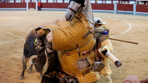 El toro derriba a un picador en Las Ventas