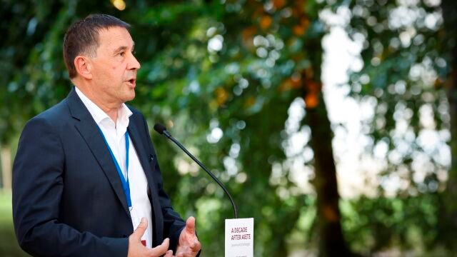 SAN SEBASTIÁN, 14/10/2021.- El secretario general de EH Bildu, Arnaldo Otegi, hace declaraciones tras asistir este jueves en San Sebastián a las jornadas organizadas por el Foro Social para conmemorar el décimo aniversario de la Conferencia de Aiete, previa al comunicado de ETA en el que anunció el fin de su actividad terrorista. EFE/Javier Etxezarreta