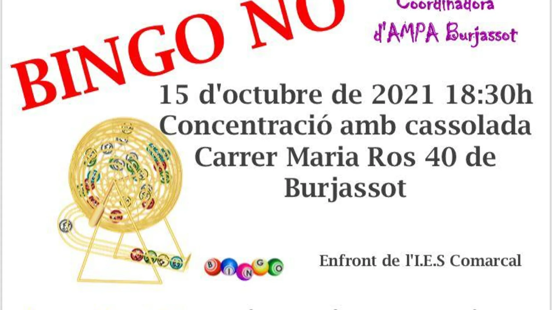 Cartel de la manifestación que se realizará mañana en Burjassot en contra del bingo junto a los institutos