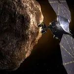 Ilustración de la sonda Lucy cerca de uno de los Troyanos (Southwest Research Institute)