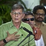 FILE - In this Aug. 10, 2013 file photo, former FARC commander Rodrigo Granda, alias Ricardo Tellez, speaks during a press conference at the close of the twelfth round of peace talks with Colombia's government in Havana, Cuba. A Mexican federal official confirmed that Granda was arrested Tuesday, Oct. 19, 2021, in Mexico, on an Interpol notice. (AP Photo/Ramon Espinosa, File)