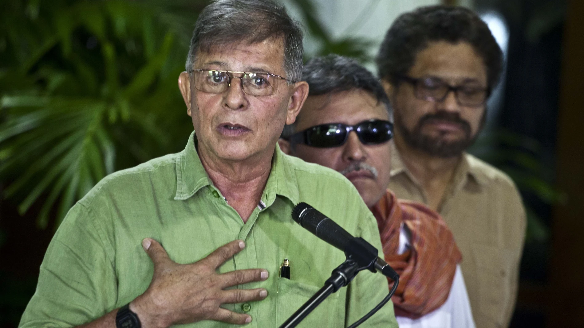 FILE - In this Aug. 10, 2013 file photo, former FARC commander Rodrigo Granda, alias Ricardo Tellez, speaks during a press conference at the close of the twelfth round of peace talks with Colombia's government in Havana, Cuba. A Mexican federal official confirmed that Granda was arrested Tuesday, Oct. 19, 2021, in Mexico, on an Interpol notice. (AP Photo/Ramon Espinosa, File)
