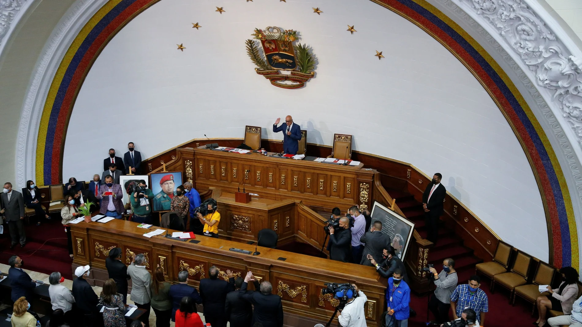 Jorge Rodriguez, head of Venezuela's National Assembly, and other members attend a session to create a work team to the request of the Senate of Colombia to restore trade relations between both countries in Caracas, Venezuela, October 21, 2021. REUTERS/Leonardo Fernandez Viloria