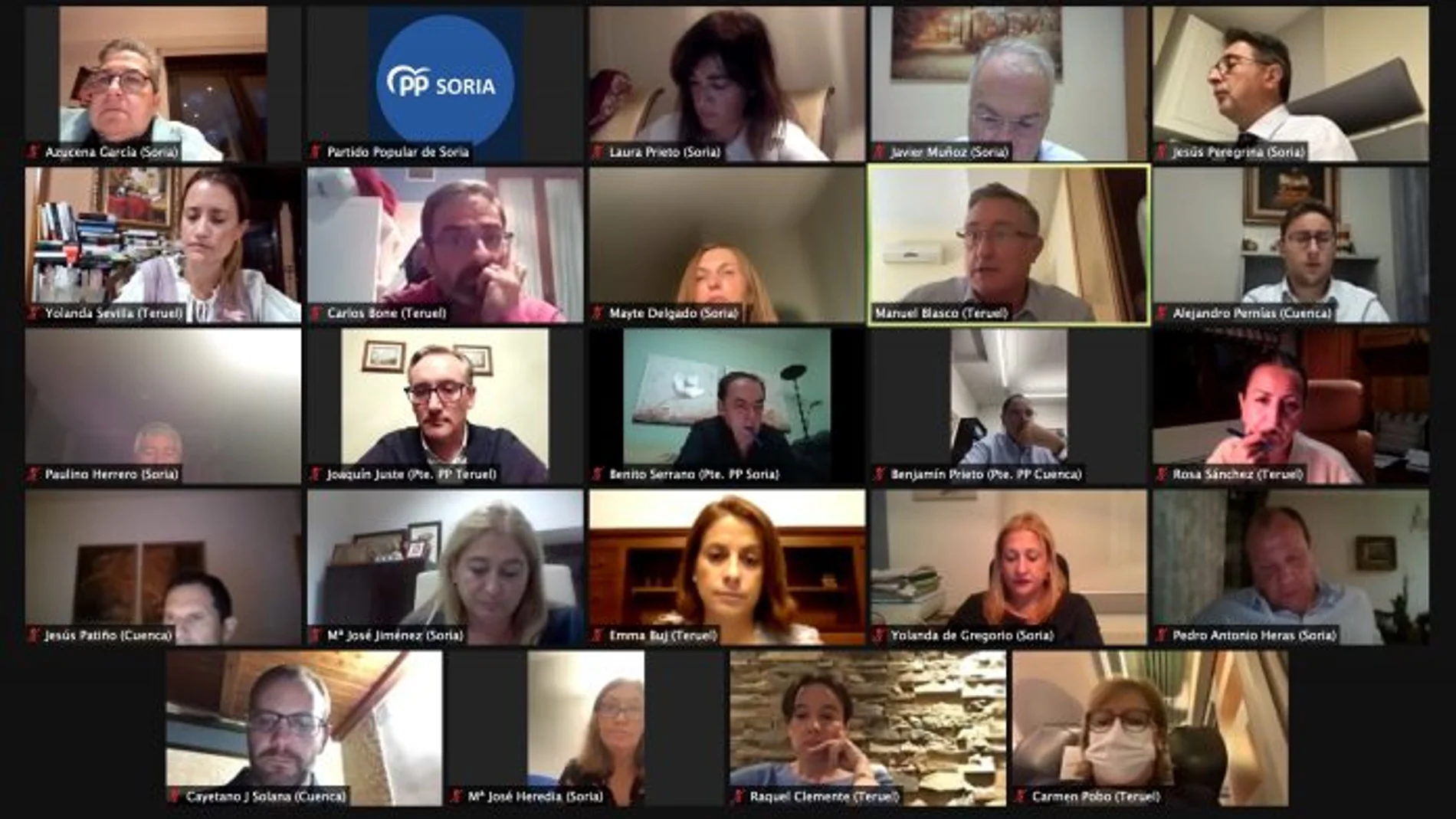 Representantes del PP de Soria, Cuenca y Teruel, durante la reunión telemática