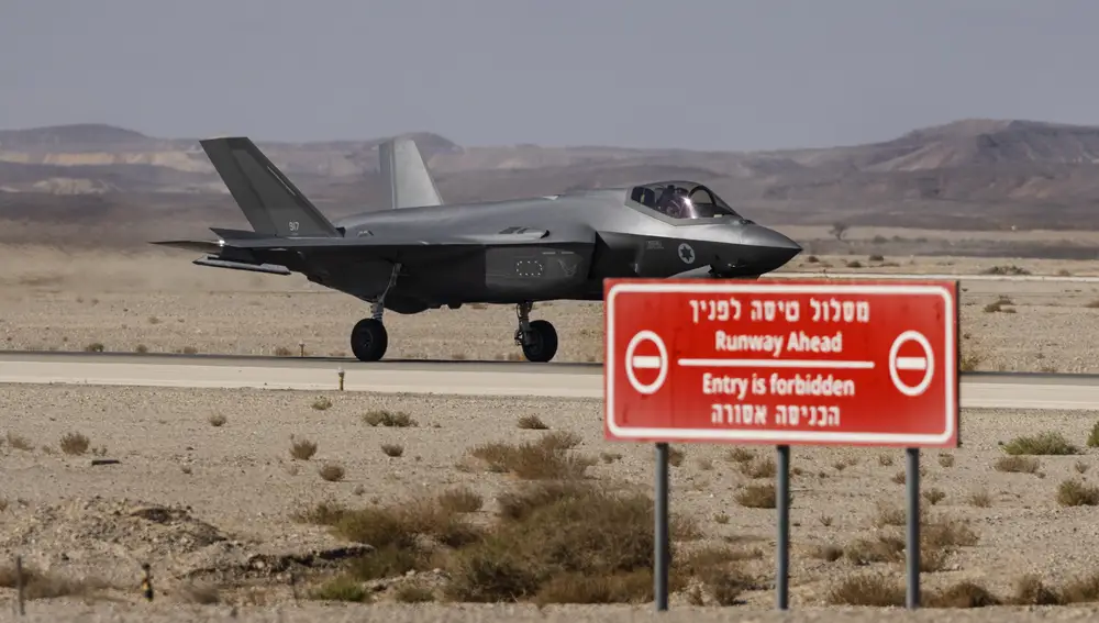 An Israeli F-35 lands during the bi-annual multi-national aerial exercise known as the Blue Flag, at Ovda airbase near Eilat, southern Israel, Sunday, Oct. 24, 2021. Israel's military is holding the largest ever air drill of its kind with participation from eight countries including the U.S., Britain, Germany, Italy, Greece, India and France in the two week-long drill. (AP Photo/Tsafrir Abayov)