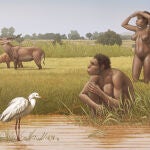 Diorama mostrando un par de Homo bodoensis en la sabana africana del Pleistoceno Medio (Ettore Mazza)