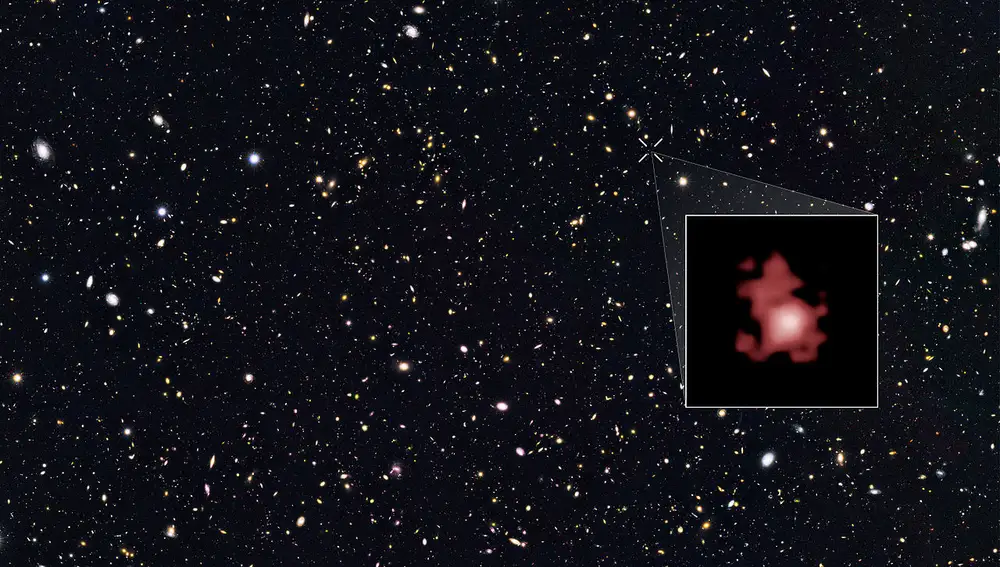 Esta imagen muestra una de las galaxias más antiguas conocidas, GN-z11, que ya era una “galaxia bebé” cuando el universo tenía 400 millones de años. GN-z11 se encuentra en la constelación de la Osa Mayor, y la imagen es muy nebulosa no sólo por su gran distancia a nosotros, sino también porque es una imagen en infrarrojos.