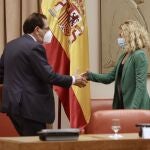 El candidato del PP a uno de los puestos vacantes del Tribunal Constitucional, Enrique Arnaldo, saluda a la presidenta del Congreso, Meritxell Batet