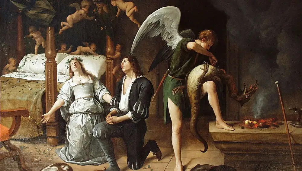 El arcángel Rafael enfrentándose a Asmodeo frente a Tobías y Sara.